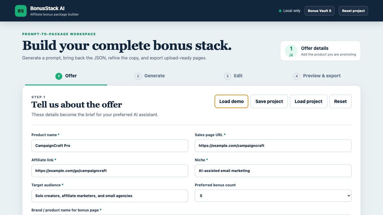 BonusStack AI offer details form filled with product, audience and niche information