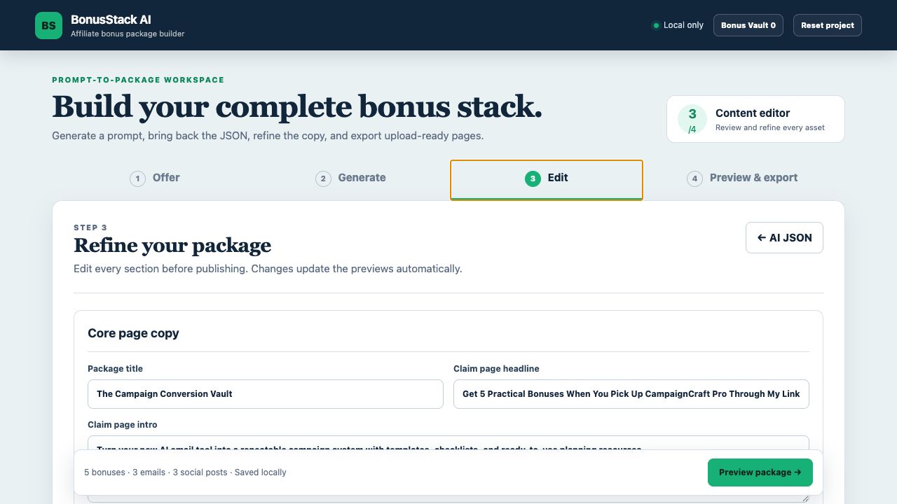 BonusStack AI editor showing editable bonus package content